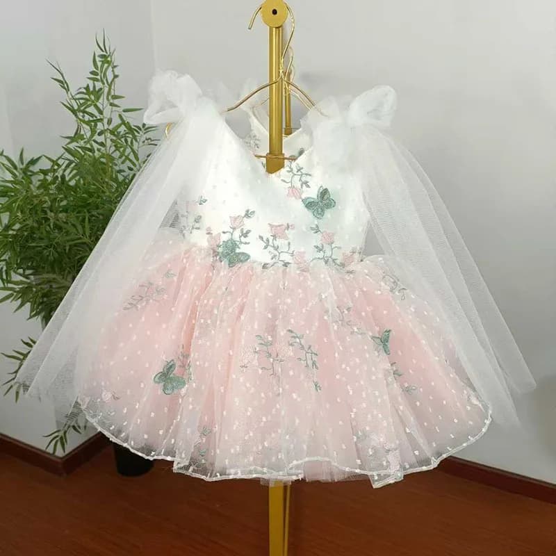 Abito da ragazza di fiore con fiocco in tulle di pizzo da principessa per bambini, abito da prima comunione per bambini, abito da ballo, abito da festa di nozze, compleanno