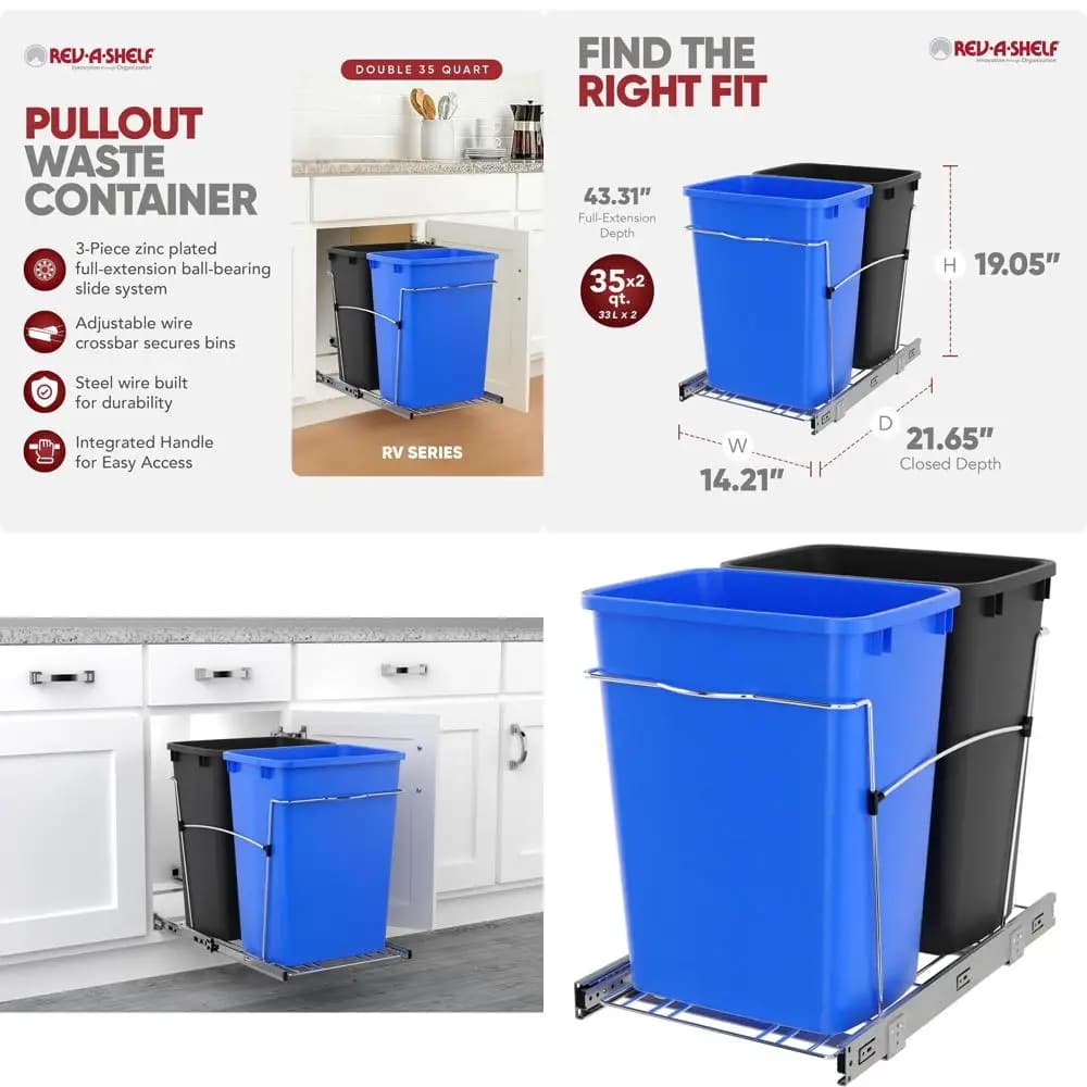 Cestino per Rifiuti a Doppia Cassetta con Contenitore per Riciclaggio da 35 Quarti, Blu/Nero