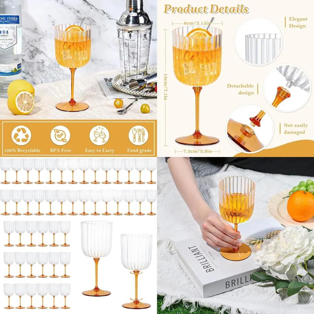 Set di 48 Bicchieri da Vino in Plastica Scanalata Staccabili, 330ml - Trasparenti e Ambrati, Infrangibili, Ideali per Eventi all'Aperto e Feste