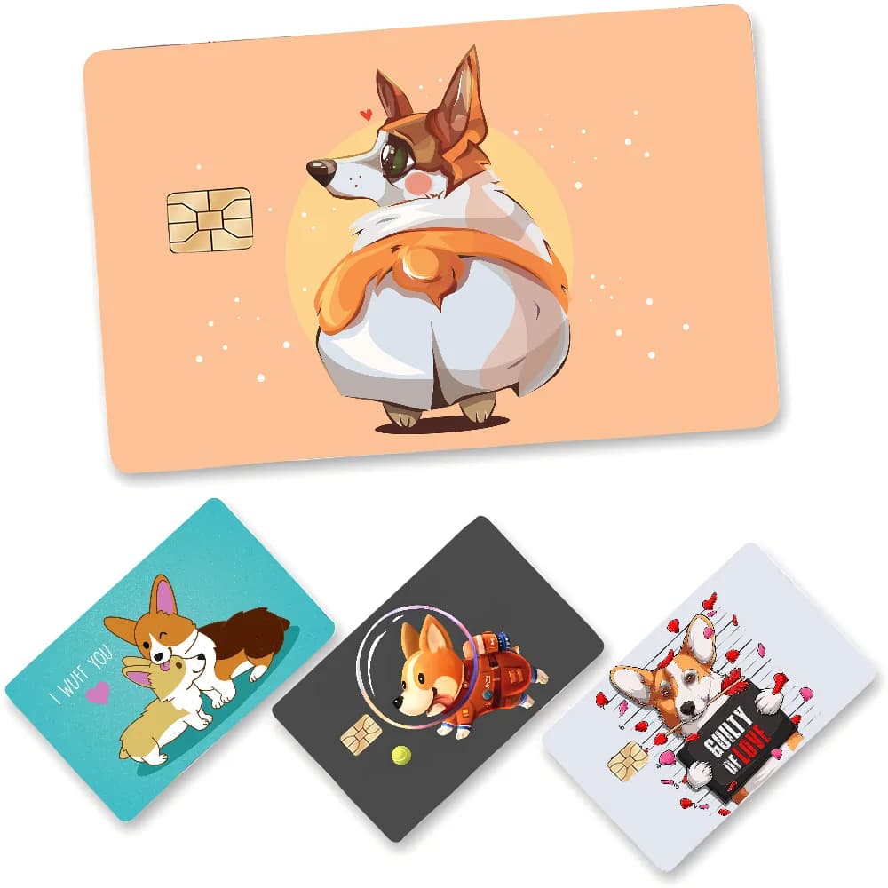 Cartoon Corgi Gioco Anime Pellicola adesiva Custodia in pelle per piccola grande senza chip Carta di credito di debito lato anteriore