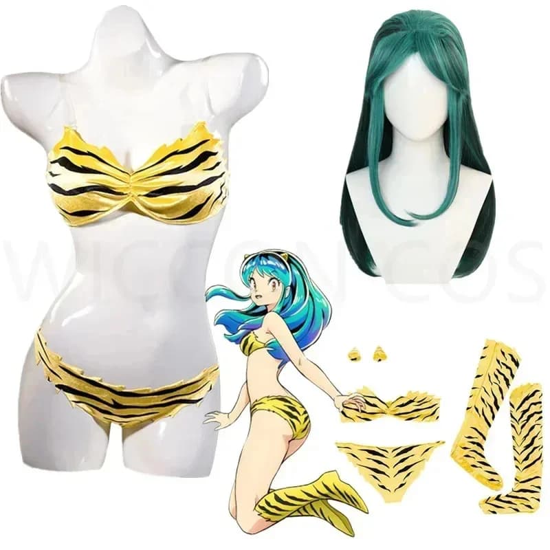Anime Urusei Yatsura Lum Invader costume cosplay wig bikini tiger striped swimsuit yellow swimwear legging woman Ataru Moroboshi