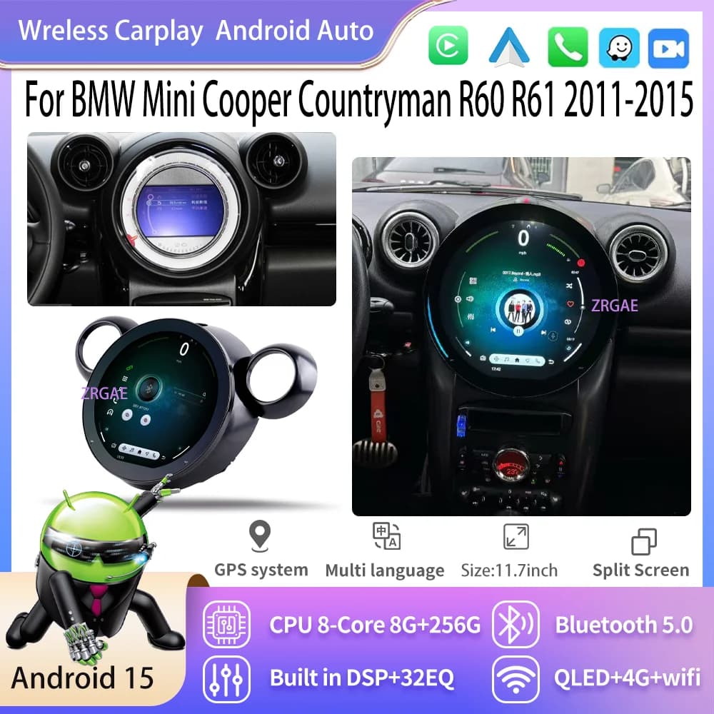 11.7 "Android 15 Wireless CarPlay Per BMW Mini Cooper Countryman R60 R61 2011-2015 Autoradio Navigazione GPS Lettore Stereo BT 4G