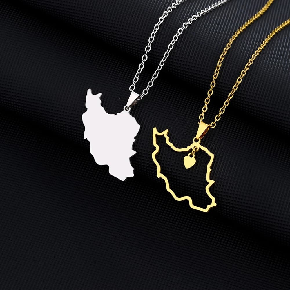 Collana con ciondolo mappa della Repubblica islamica dell'Iran, in acciaio inossidabile, colore oro/argento, per uomo e donna, mappa del paese, regalo di gioielli
