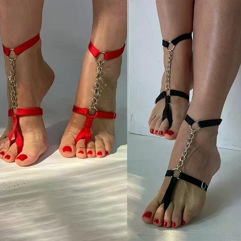 Cavigliera a catena gotica nera con fascia elastica per donna, sandali estivi a tacco alto per piedi nudi, cinturino per il piede da ballo