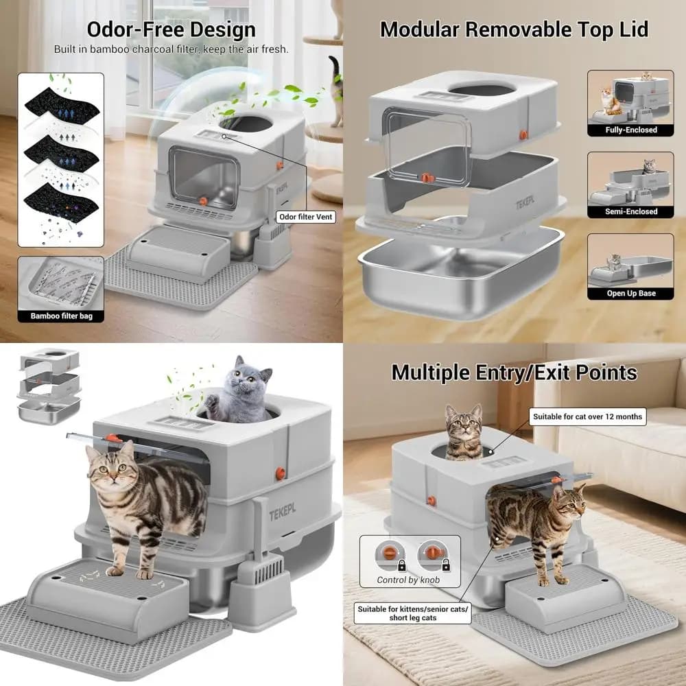 Lettiera per Gatti in Metallo Chiusa Grigia con Coperchio, Formato Grande per Gatti Giganti, Bordi Alti, Paletta Inclusa, Impermeabile, Facile da Pulire