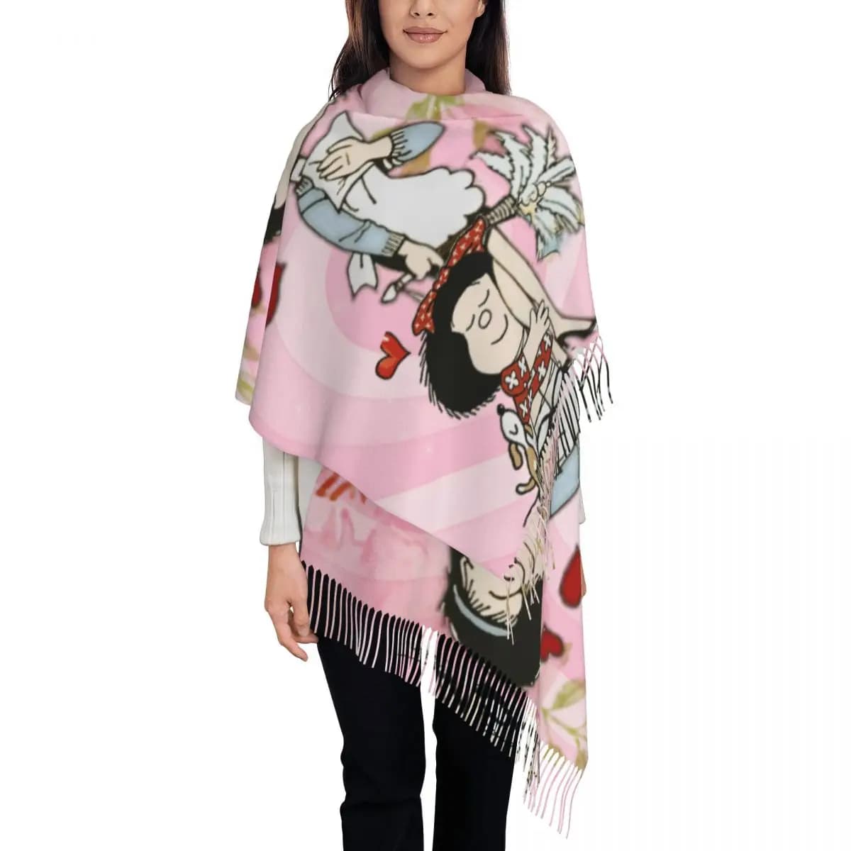 Custom Luxury Mafaldaed Kawaii Vintage Quino Comic Cartoon Mang Anime Tassel Scarf Women Winter Warm Shawl Wrap Female Scarves