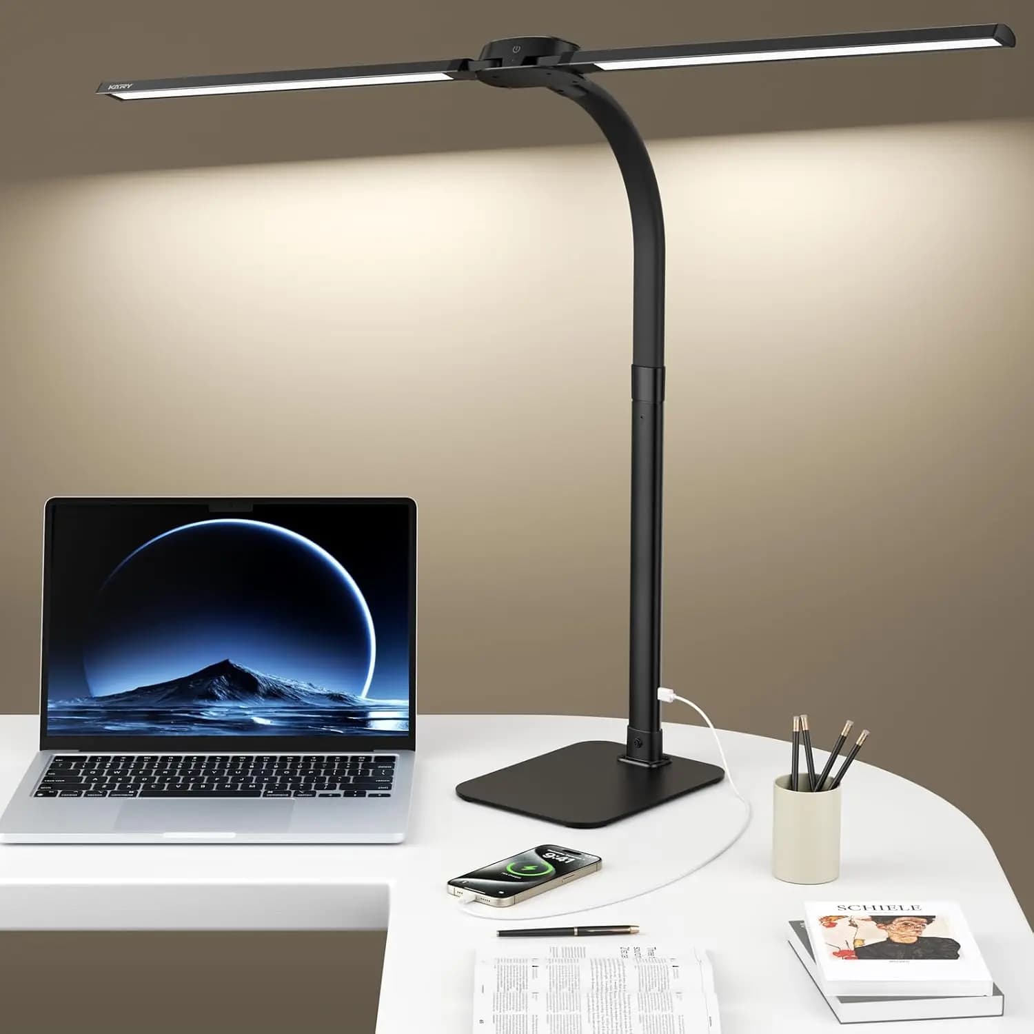 Lampada da Scrivania LED a Doppia Testa con Porta USB, 24W, 5 Modalità Colore e Dimmerabile, Collo Flessibile per Casa e Ufficio