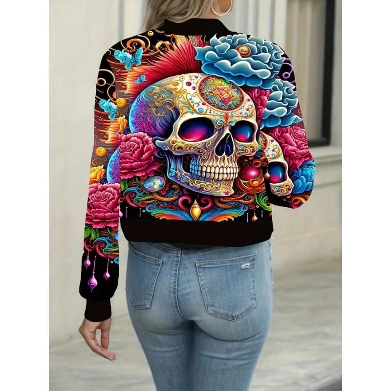 Halloween Print ZipUp Jacket Women's Sport Style Short Outerwear Fashionable Halloween Themed Printed Jacket for Ladies