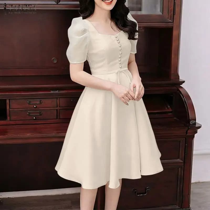 ZANZEA Abiti eleganti da donna con maniche a sbuffo in rete, abito estivo con scollo quadrato, vita stretta, lunghezza al ginocchio, abito da festa a trapezio, Robes Femme
