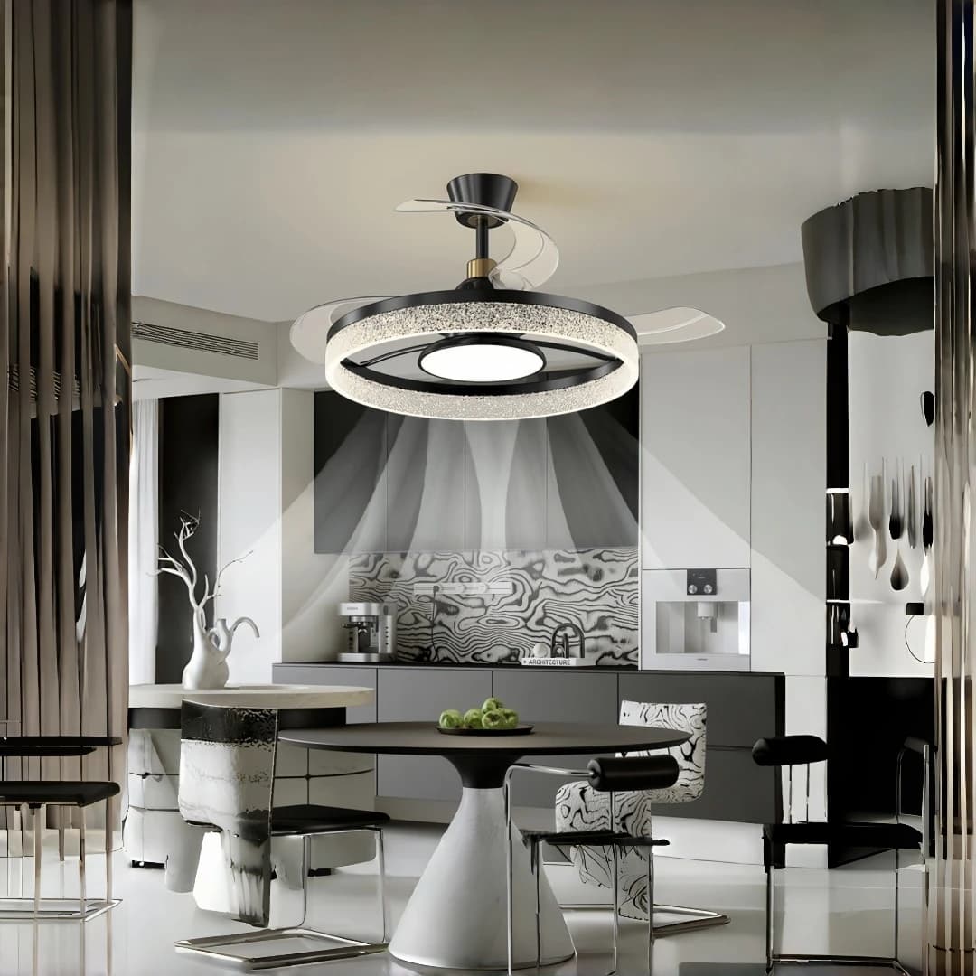 Ventilatore da Soffitto Retrattile di Lusso con Anello in Cristallo e Luce per Soggiorno, Camera da Letto, Sala da Pranzo, Cucina, Isola, Ristorante, Arredamento Casa