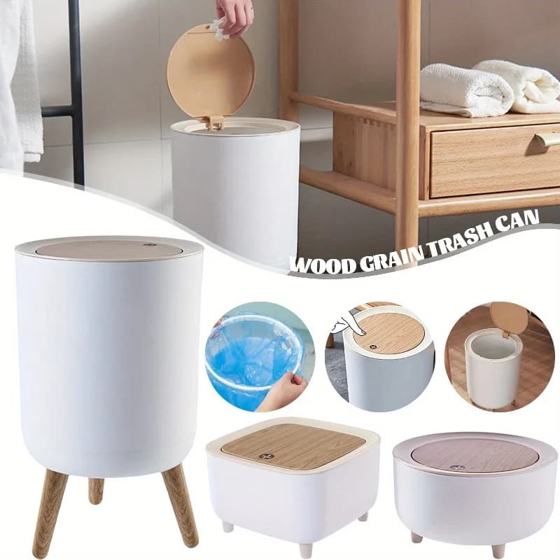 Cestino per rifiuti con coperchio – Pattumiera a pressione con piedi alti, contenitore per rifiuti effetto legno per cucina, bagno, soggiorno, ufficio, hotel