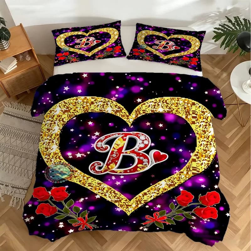 Set di biancheria da letto con stampa di alfabeto e cuore dorato, 2/3 pezzi, 1 copripiumino, 2 federe, set di biancheria da letto per adulti e bambini, lussuoso, per regali