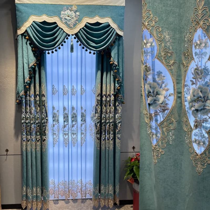 Tende di lusso europee per soggiorno, sala da pranzo, tende di lusso in ciniglia ispessita blu ricamate in tulle, valigia per finestre personalizzata