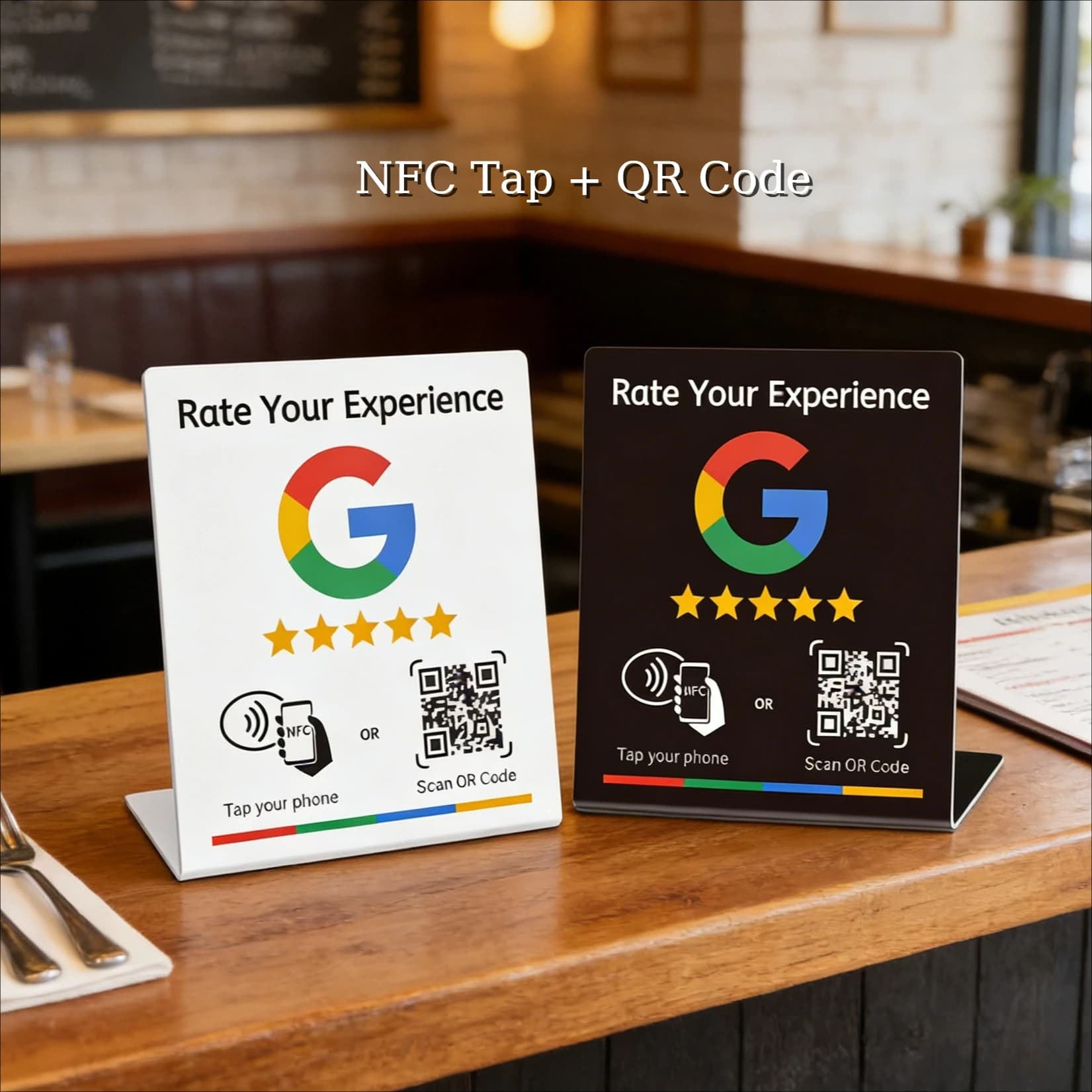 Supporto da Tavolo NFC 215 Programmabile con Codice QR per Recensioni Google, Stazione NFC per Ristoranti e Branding Aziendale