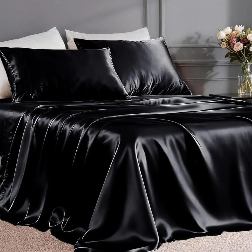 Set di Biancheria da Letto in Raso Ultra-Morbido Misura Queen - 4 Pezzi: Lenzuola Queen Effetto Seta con Lenzuolo con Angoli Profondi, Lenzuolo Piatto e 2 Federe