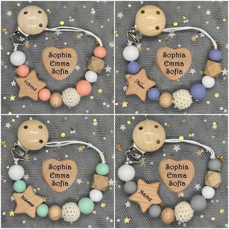 NUOVO Portaciuccio Personalizzato Fatto a Mano in Faggio con Nome, Clip con Perline in Silicone e Ciondolo Massaggiagengive, Regalo per Neonati