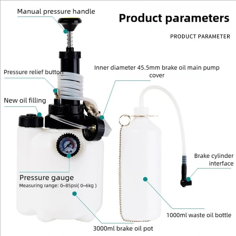 Kit spurgo freni professionale da 3 litri - Pompa per vuoto manuale con manometro, 4 adattatori per bombole principali per auto e moto