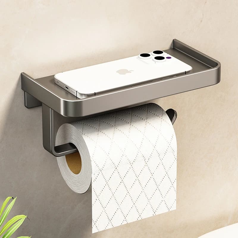 Portarotolo da parete in alluminio con mensola e supporto per telefono, dispenser per carta igienica, accessorio moderno per il bagno
