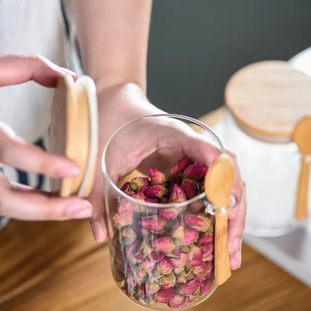 3Pcs Glass Sealed Storage Jars Kitchen Containers Wood Lid Cereal Grain Oats Food Storage Bottles Transparent Multifunctional