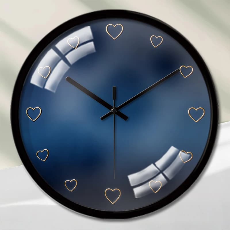 Orologio da parete rotondo silenzioso da appendere con cuore in oro blu scuro, adatto per soggiorno, scuola, sala studio, camera da letto, regali per bambini