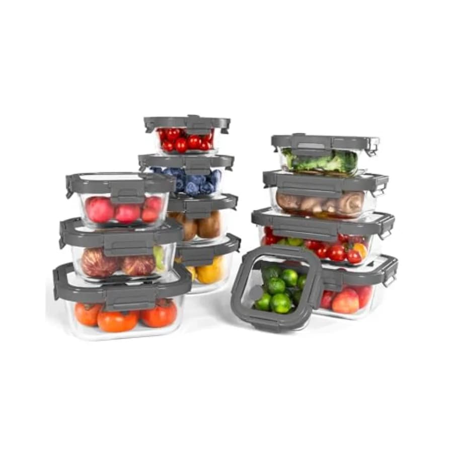Set di 12 Contenitori in Vetro con Coperchi Temperati, Resistenti al Forno -4F950F, Ermetici, Senza BPA, Multi-Misura per Preparazione Pasti, Lavabili in Lavastoviglie