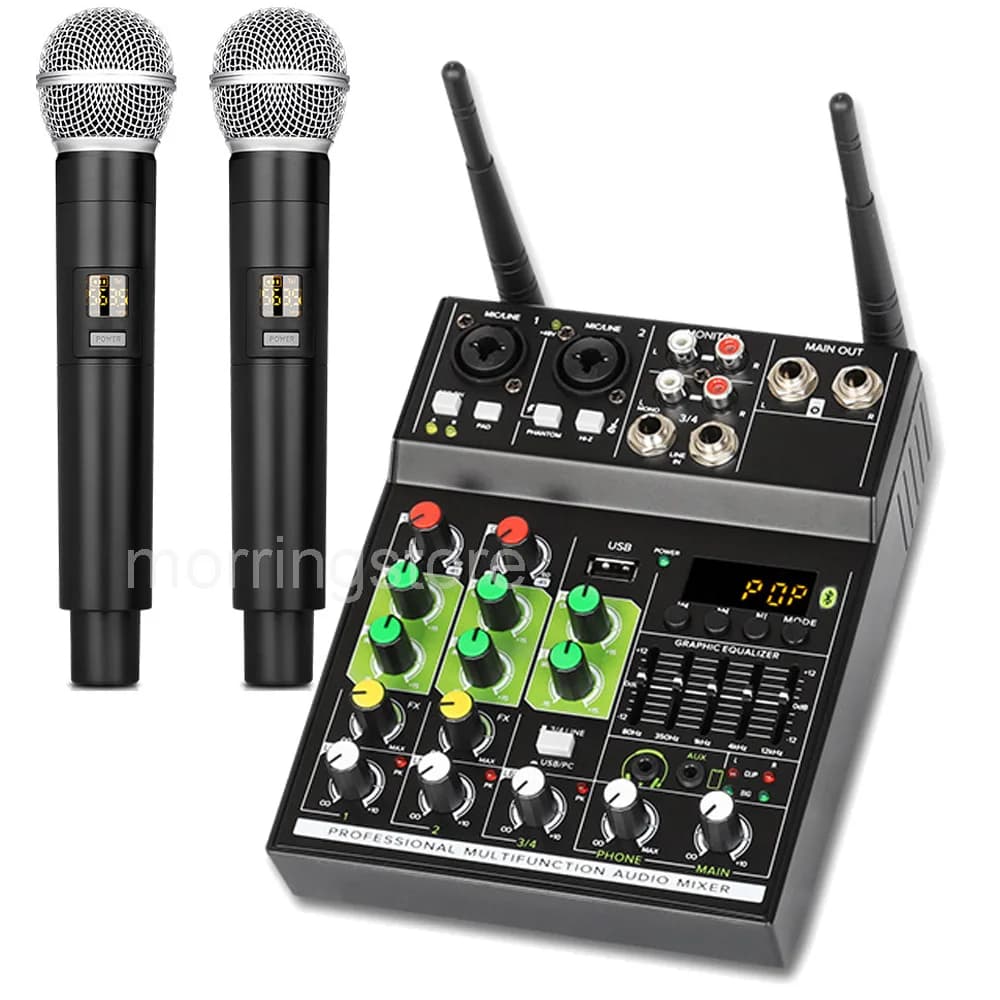 4 Channel Audio Mixer with 2x Wireless Microphone USB Sound Table Bluetooth Console DJ Mixing for Party Karaoke Machine Soundbar