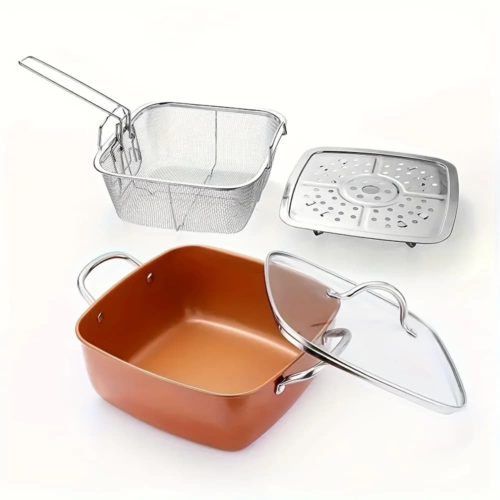 Nuovissima padella quadrata in alluminio antiaderente per uso domestico, padella a fondo piatto, padella e vaporiera (adatta per 2-4 persone)
