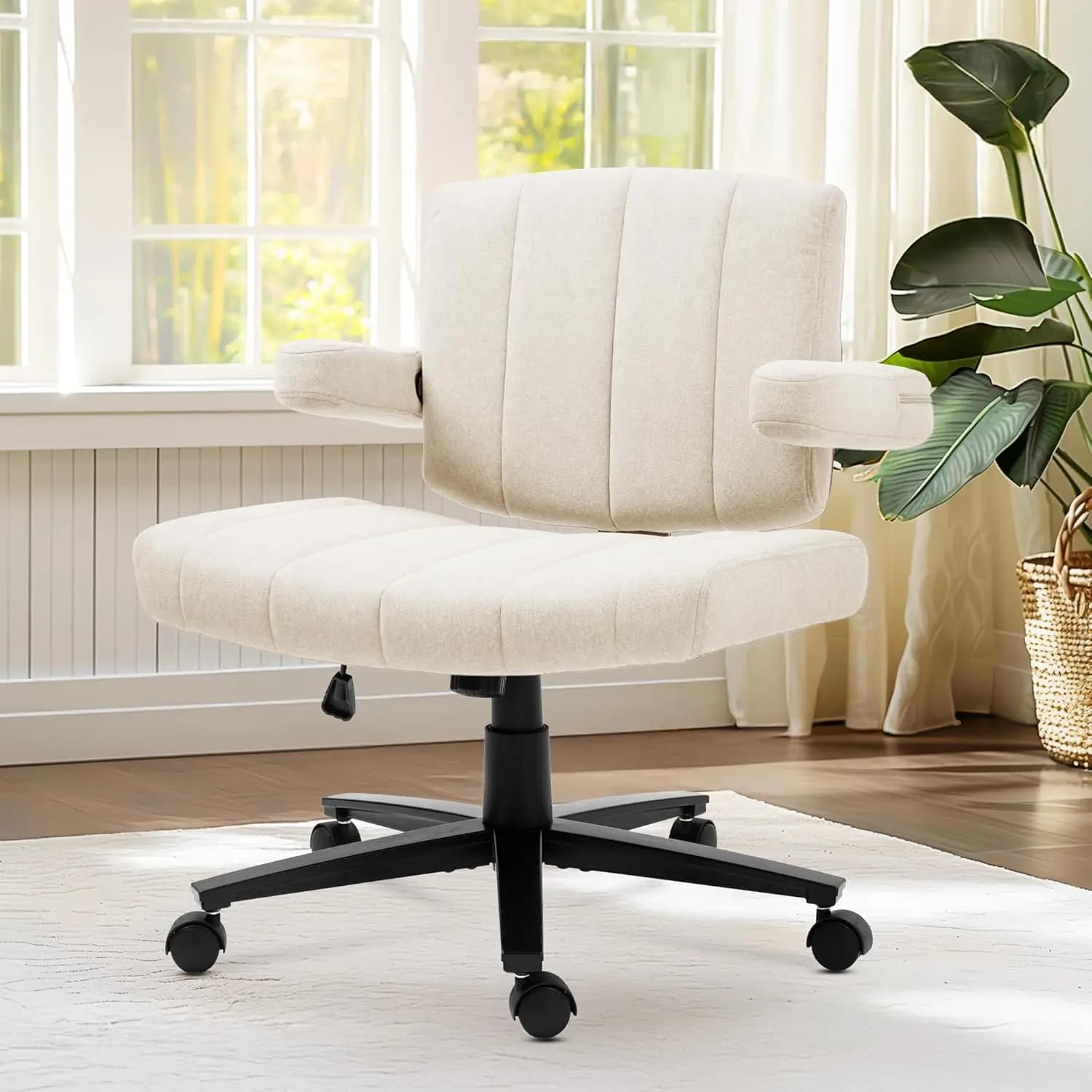 Sedia Vigosit Criss Cross con ruote – Comoda sedia da toeletta, sedia da ufficio girevole con braccioli e gambe incrociate, sedia da scrivania regolabile e confortevole per l'home office, girevole (Bianco)