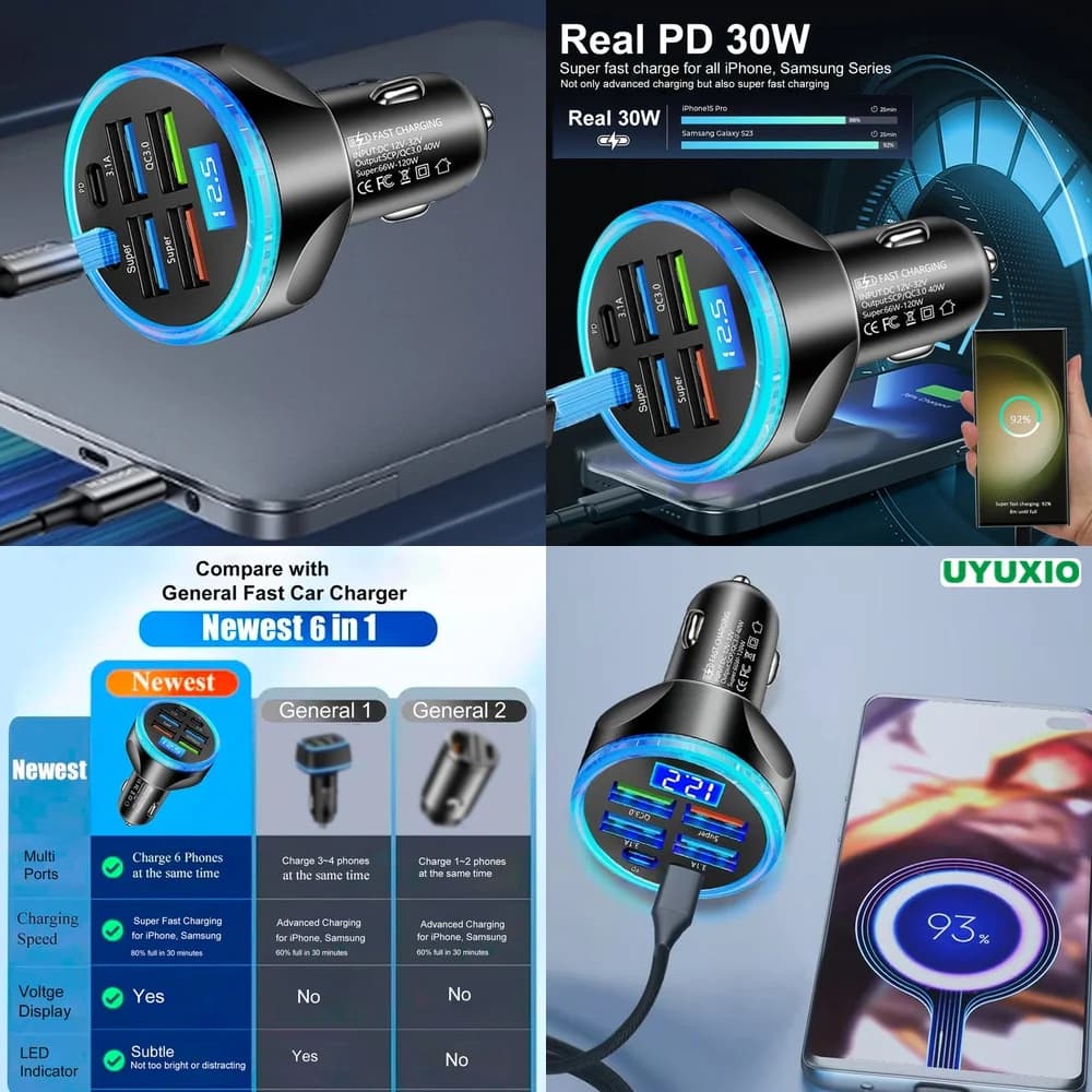Socket PD 30W for iPhone 17 16 15 14 Pro Max Plus Car Charger Super Fast Fast Charging 6 Ports Type C USB C LED Digital Display
