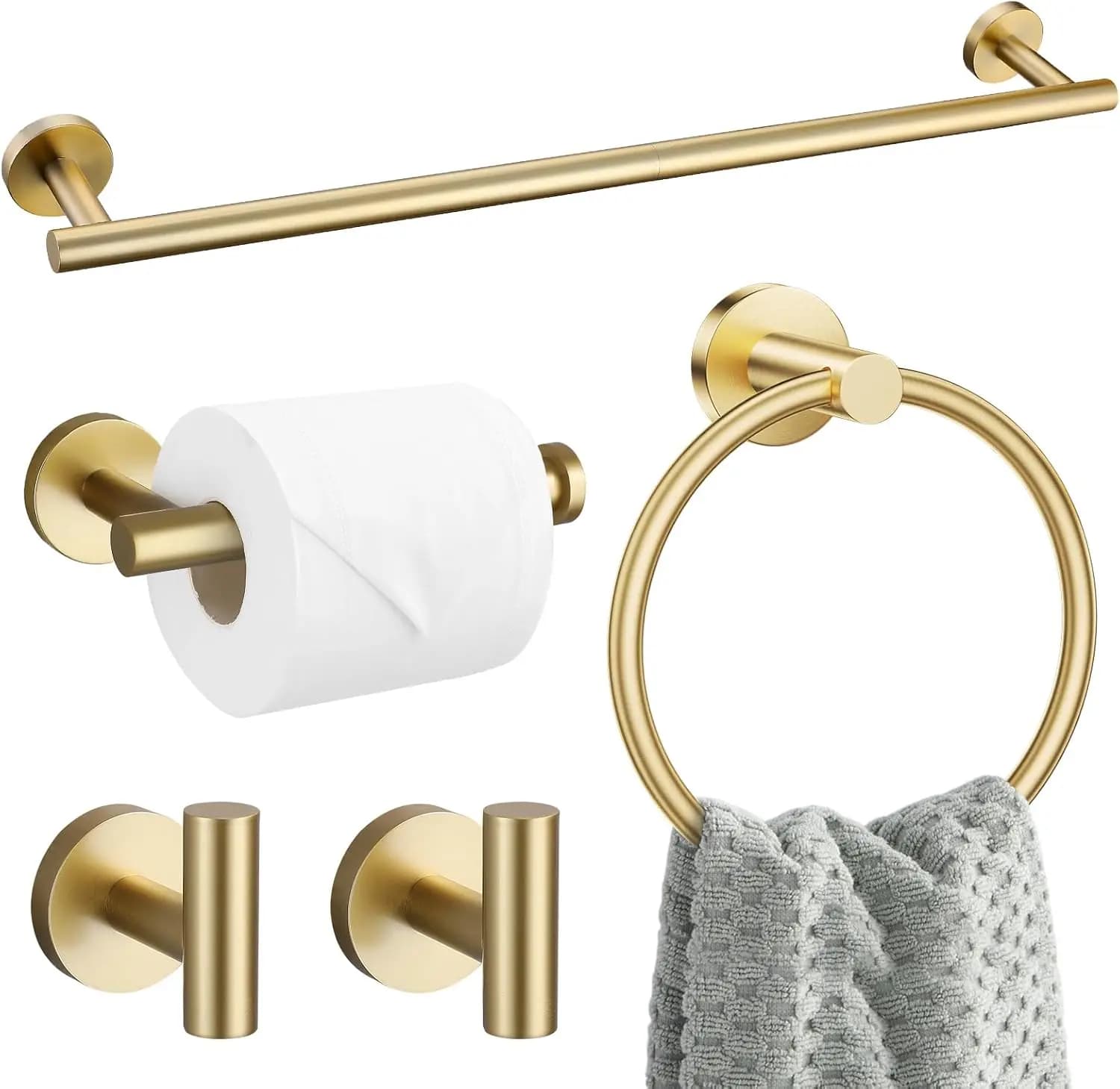 Set di accessori da bagno in oro spazzolato da 5 pezzi, portasciugamani in acciaio inossidabile SUS304, portasciugamani da 23,6 pollici con ganci e portaoggetti per WC