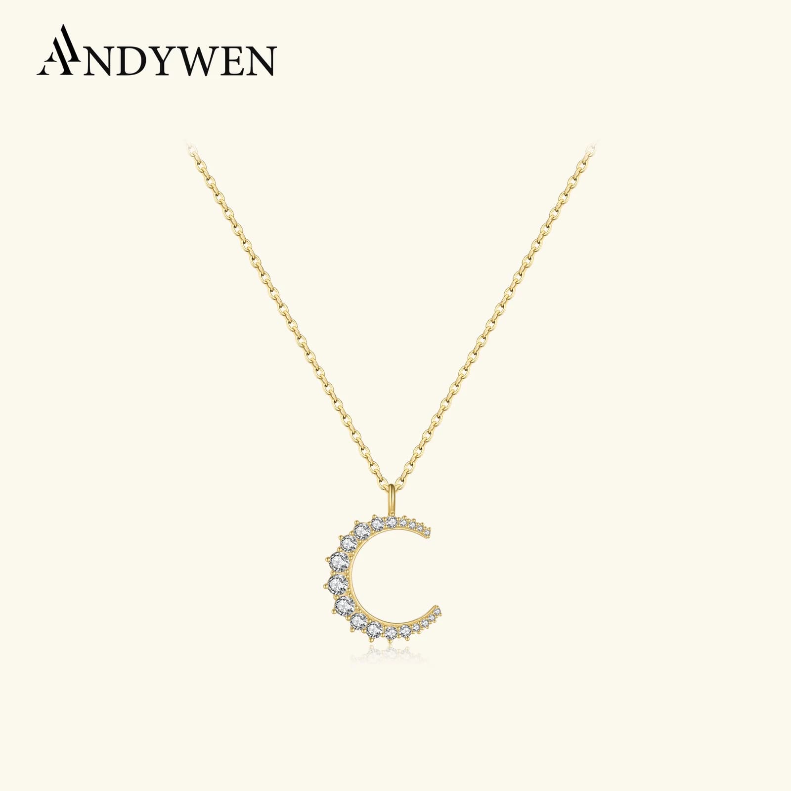 ANDYWEN Collana con Ciondolo Luna Blu Trasparente in Argento Sterling 925 Placcato Oro, Gioiello Raffinato, Regalo di Nozze 2021, Regalo di Lusso