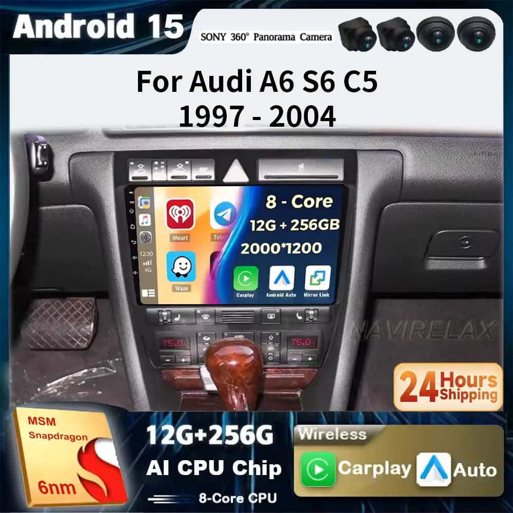 Car Radio Android 15 for Audi A6 C5 1997-2004 S6 1999 - 2004 RS6 2002 - 2006 Multimedia Player 2Din Carplay Stereo GPS NO DVD