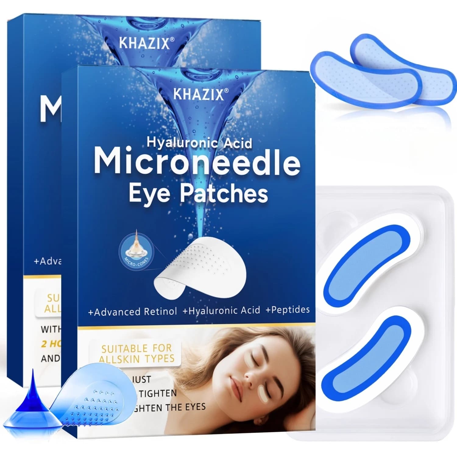 1 paio di cerotti per occhi con microaghi in acido ialuronico, idratazione delicata, per occhiaie e linee sottili - Lunghezza ago 0,25 mm