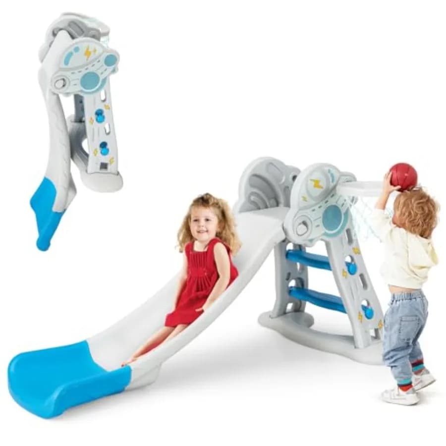 Scivolo per Bambini 3 in 1 Pieghevole, Scivolo da Interno con Canestro da Basket, Arrampicata Esterna, Set da Gioco Autoportante Extra Lungo