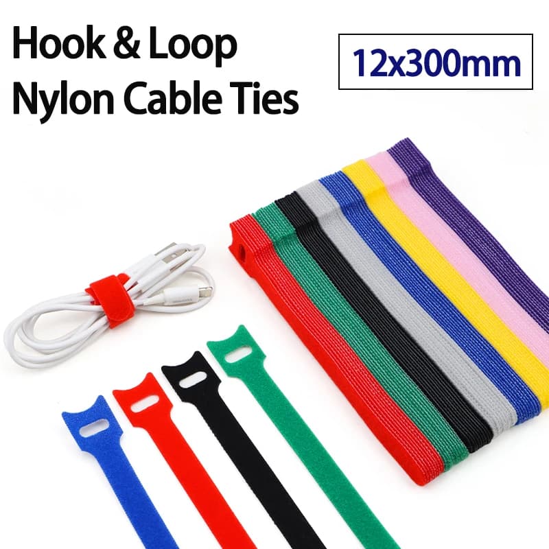 50/100 Pezzi Fascette a T 12x300mm in Nylon con Gancio e Anello, Riutilizzabili, Regolabili per Gestione Cavi e Organizzazione Fili