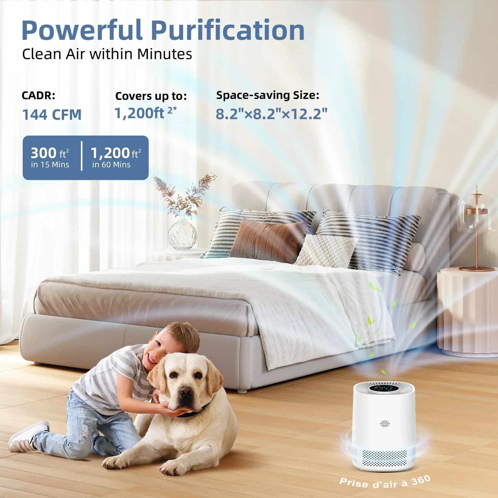 Purificatore d'aria intelligente con tecnologia di ionizzazione di filtraggio a 3 stadi e rilevamento PM2.5, rilevamento ed rimozione efficiente dei danni