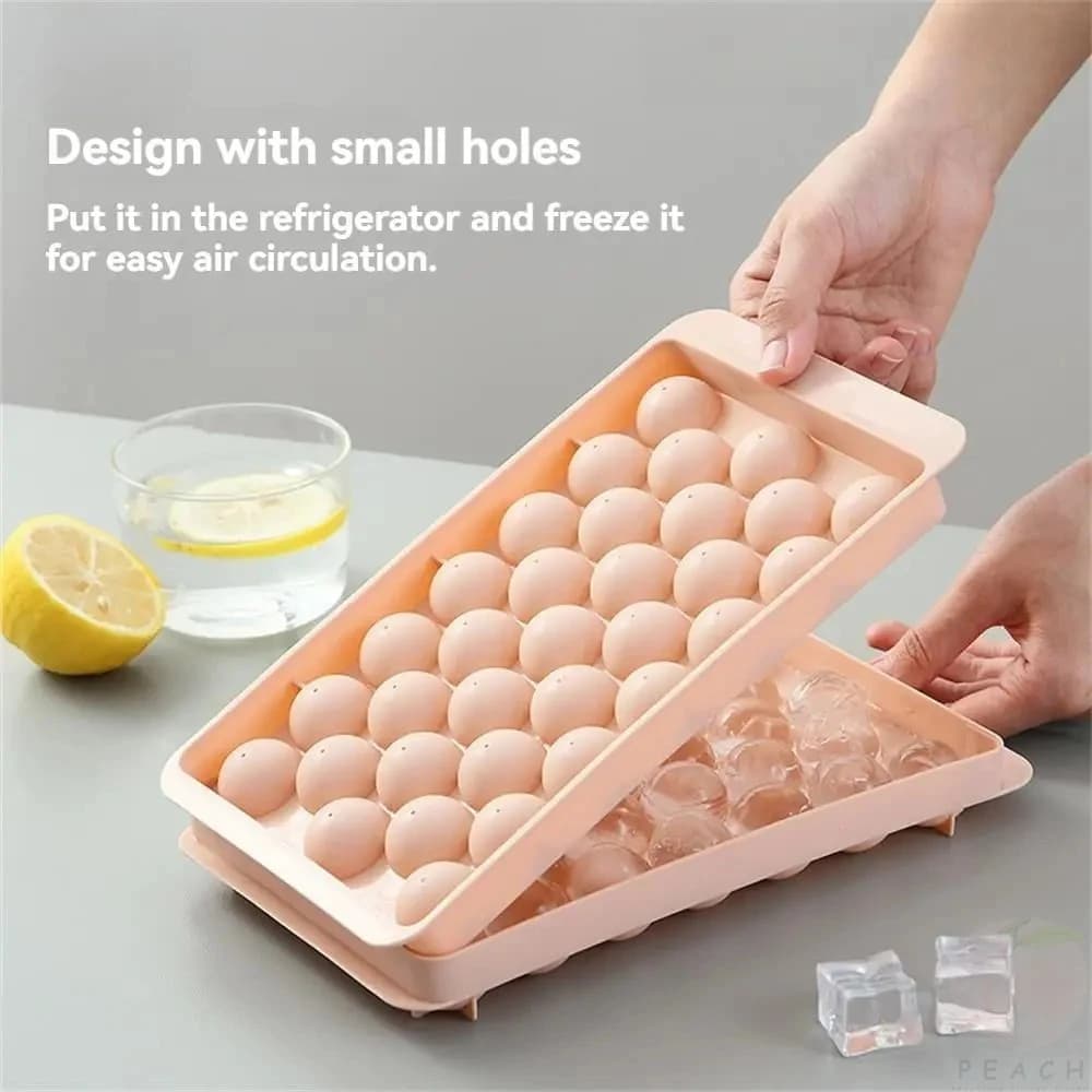 Vassoio per cubetti di ghiaccio rotondo 3D con coperchio Palla di ghiaccio Scomparto per ghiaccio fatto in casa creativo Modello di cubetti di ghiaccio Scatola per palline di ghiaccio a 33 scomparti Gelato