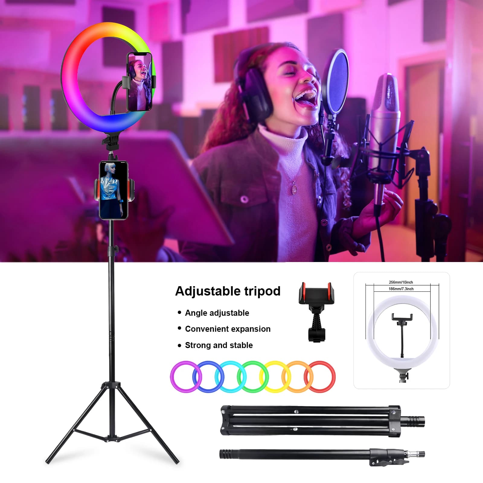 Kit professionale di illuminazione ad anello RGB da 10 pollici – Treppiede estensibile da 160 cm, 360 ° Controllo Girevole + Fisso, Cablato con 101 Colori
