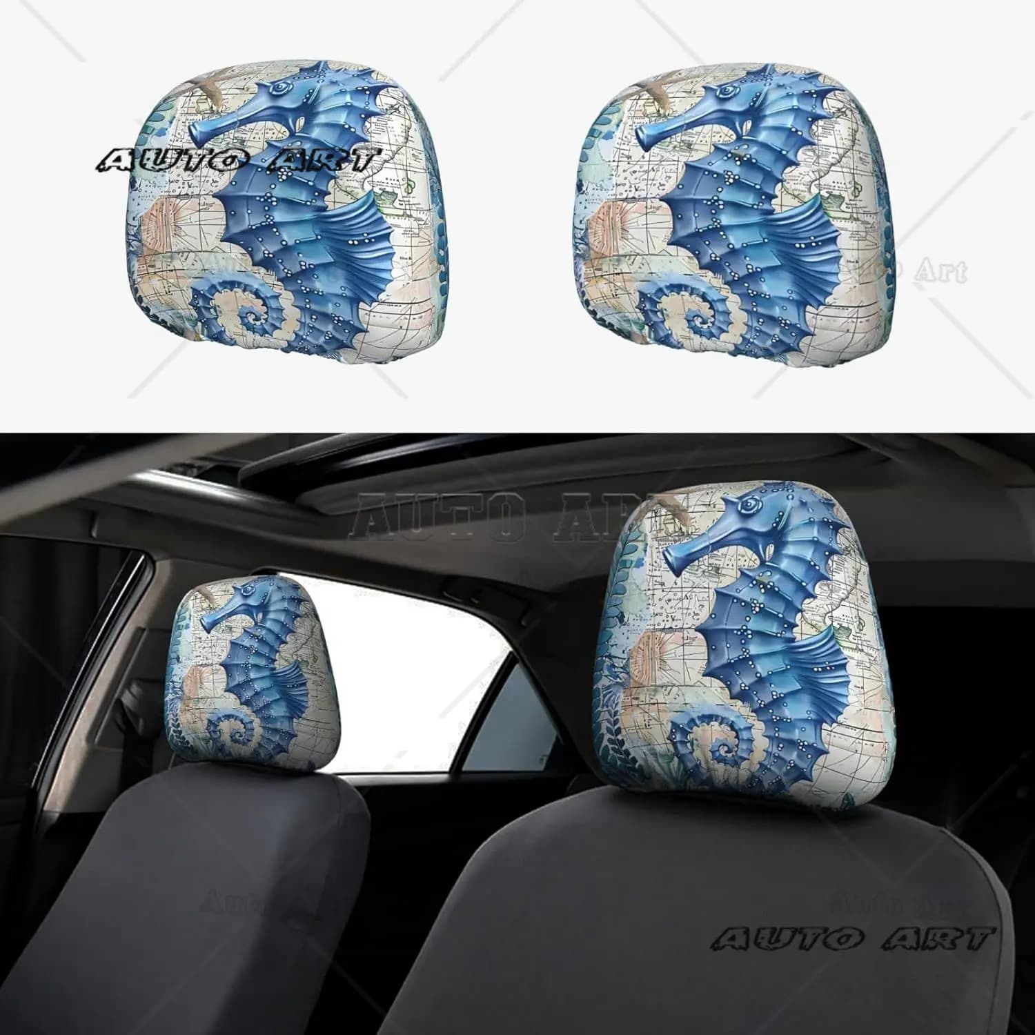 Set of 2 car headrest covers with world map blue seahorse green water, set of 2 universal accessories for automotive seat headrest