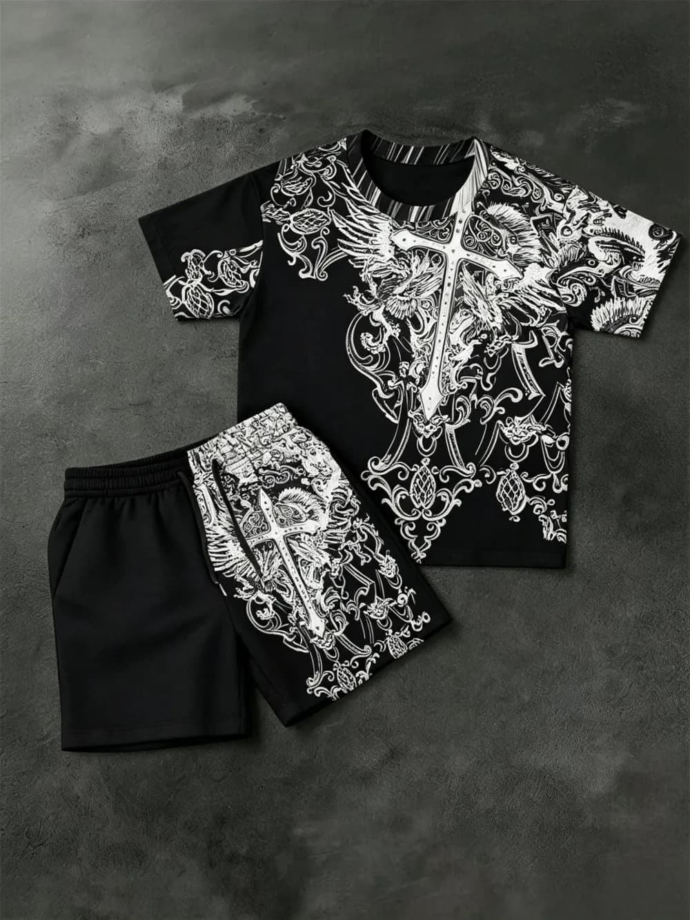 New men's summer angel wing print comfortable and breathable round neck T-shirt drawstring shorts set outdoor streetwear