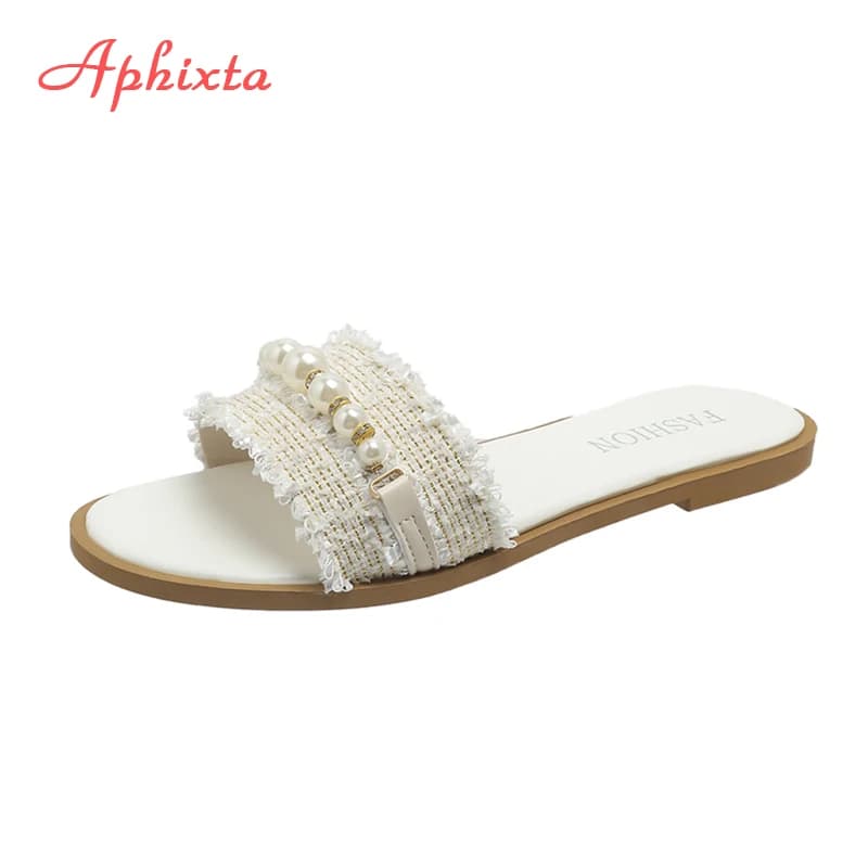 Aphixta Tessuto Beige String Bead Slides Piatto con sandalo Donna Estate Punta tonda Scarpe Scivoli da esterno Perle di lusso Scarpe firmate