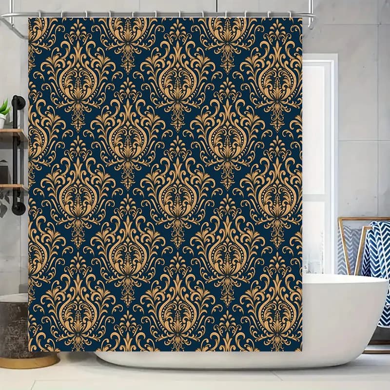 Tenda da doccia stampata damascata di lusso Copertura per tappetino da bagno impermeabile decorativa floreale 3D blu dorato per la decorazione domestica