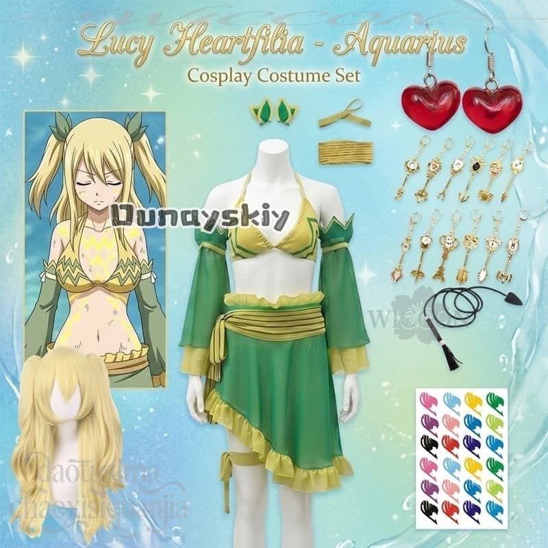 Lucy anime Heartfilialia cosplay Aquarius costume green yellow swimwear bikini dress earring tattoo Keychain pendant Halloween