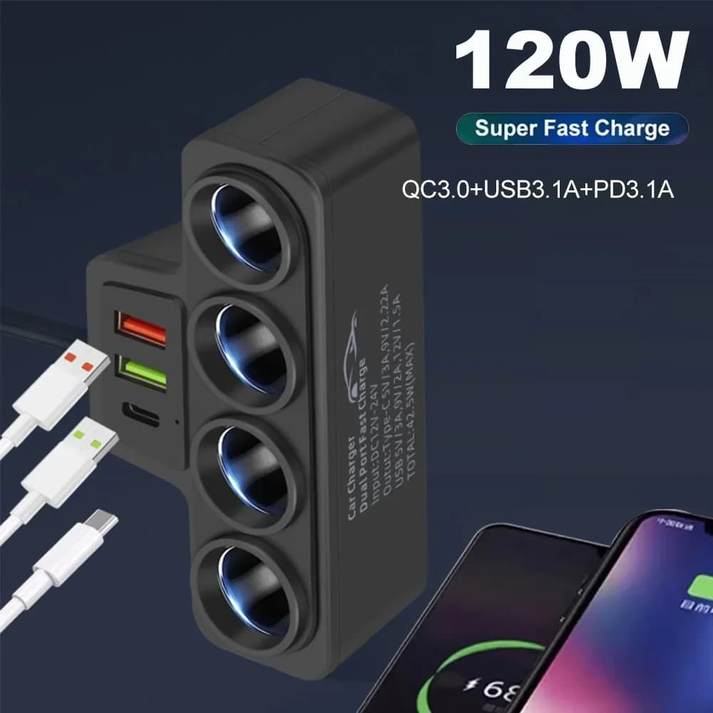 120W 7-in-1 USB Type C Charger for Auto Splitter 12V 24V Fast Charger Phone Power Adapter for Auto DVR GPS Dashcam