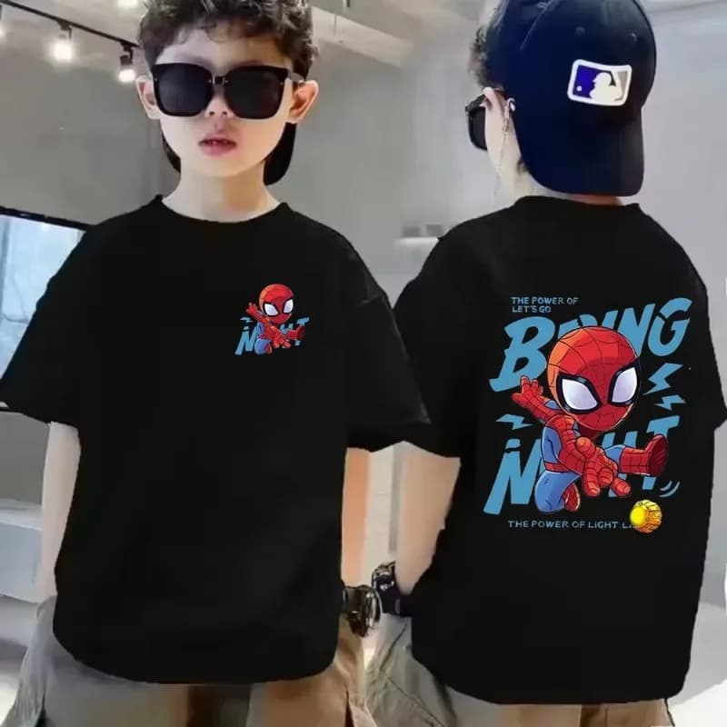 T-shirt estiva per bambini, stampa Spider-Man, alla moda, casual, girocollo, in cotone, t-shirt genitore-figlio, abbigliamento