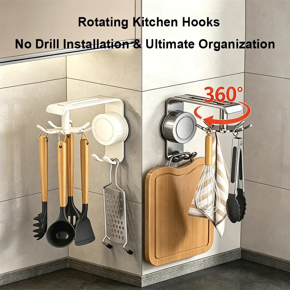 No Drill Kitchen Hooks 360° Rotating Wall Mounted Hanger Suction Cup Kitchen Organizer Rack Saving Pot Shovel Spoon Storage Rack
