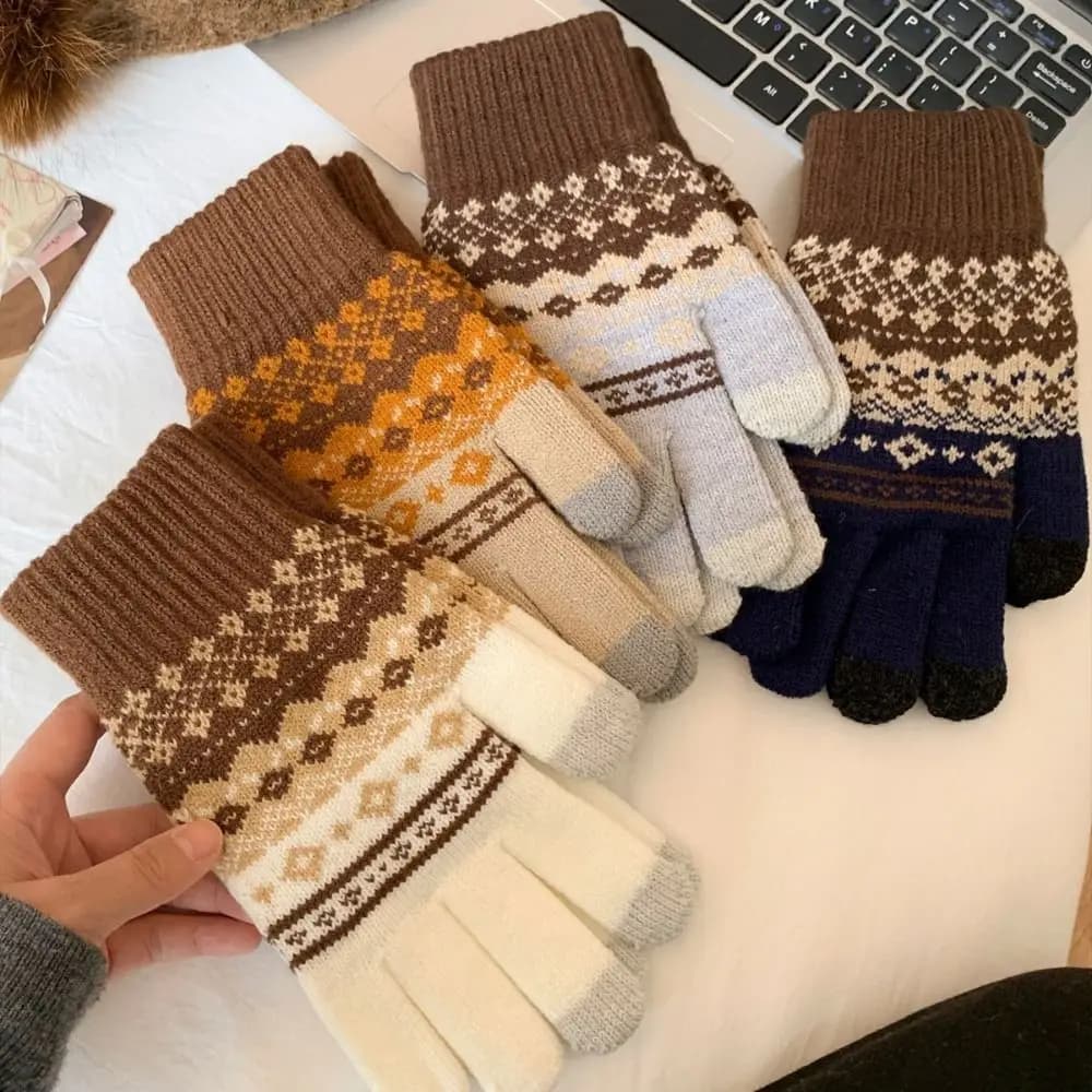 Guanti Invernali Lavorati a Maglia Stile Fair Isle, Rossi, Morbidi, in Lana Stampata, Impermeabili e Caldi per Donne e Ragazze