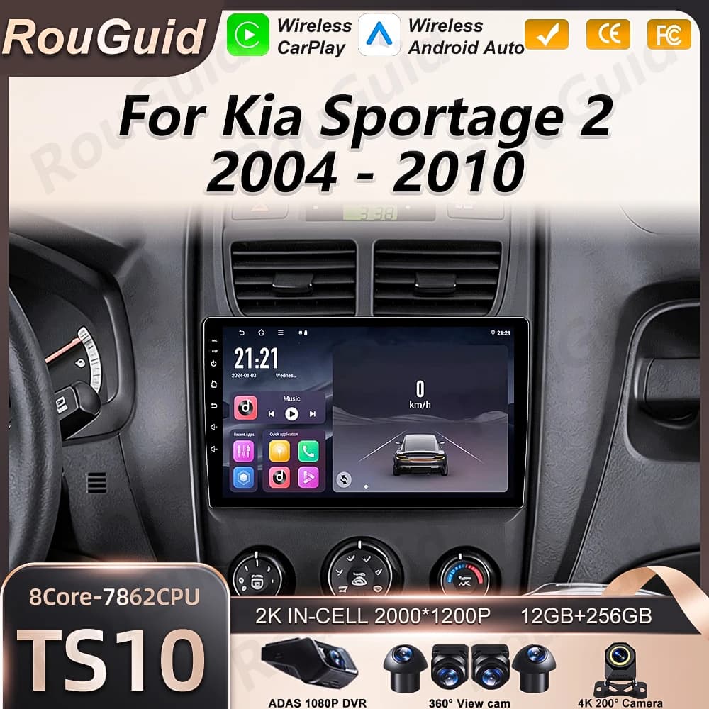 Autoradio Android 16 per Kia Sportage 2 2004-2010, lettore multimediale Carplay, stereo per auto, schermo touch 2k, navigazione GPS RSD