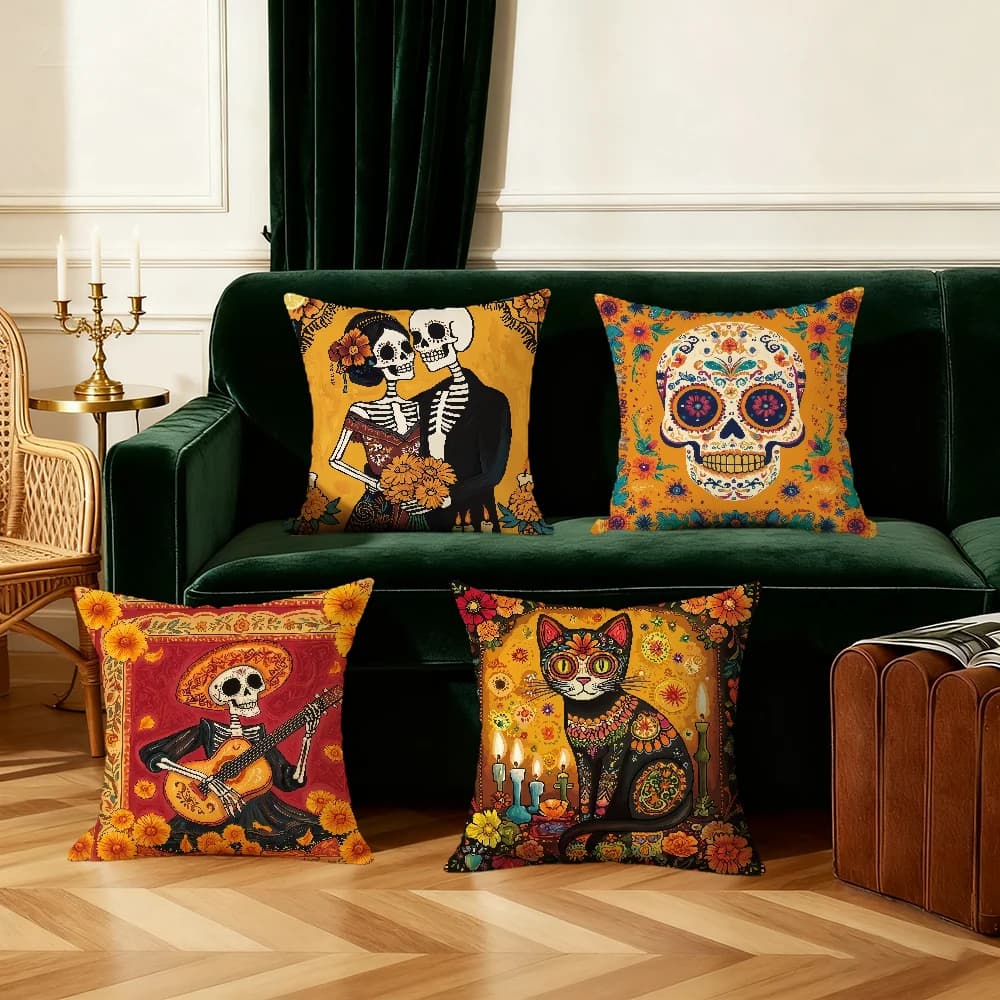 Vibrant Day of the Dead Art Cushion Cover Bedroom Sofa Decorative Home Car Portable Cushion Cover with Zipper Soft Pillowcase