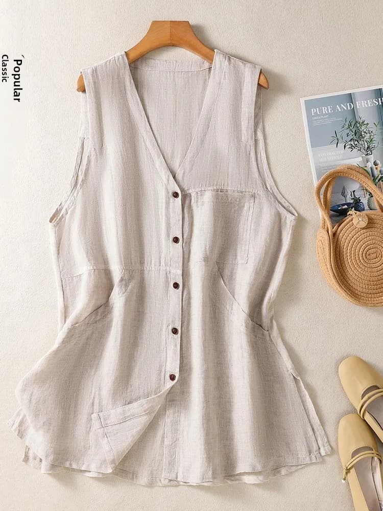 Retro V-Neck Linen Jacket Women's Summer Fashion Loose Midi Thin Cotton Linen Shoulder Top Breathable Split Back Single Butto...